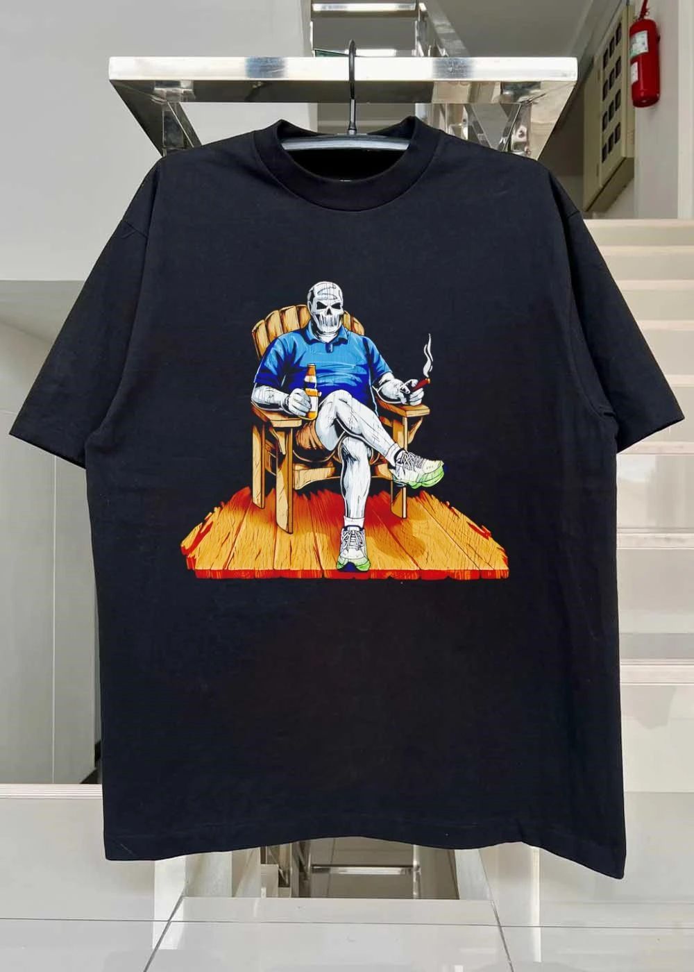 DarthBeards Skull Sitting in a Lawn Chair with Beer and Cigar T-Shirt
