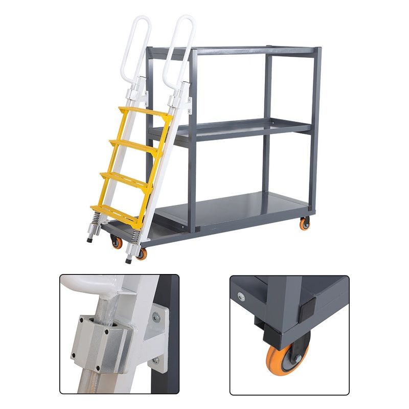 3 Shelf 4 Step Picking Ladder Cart Aluminum Warehouse Picking Ladder Cart