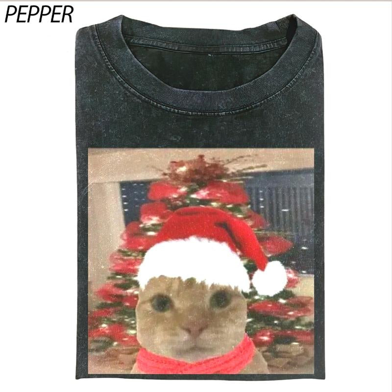 vintage Sad Cat Christmas T-Shirt, Funny Cat Meme Shirt, Santa Cats Tee, Christmas Gift for Cat Lovers, Santa Cat, Merry...