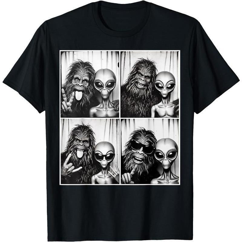 vintage graphic tees Funny Photobooth Photo Sasquatch UFO Bigfoot And Alien T-Shirt Hoodie, Sweatshirt | PodTeesHub.com