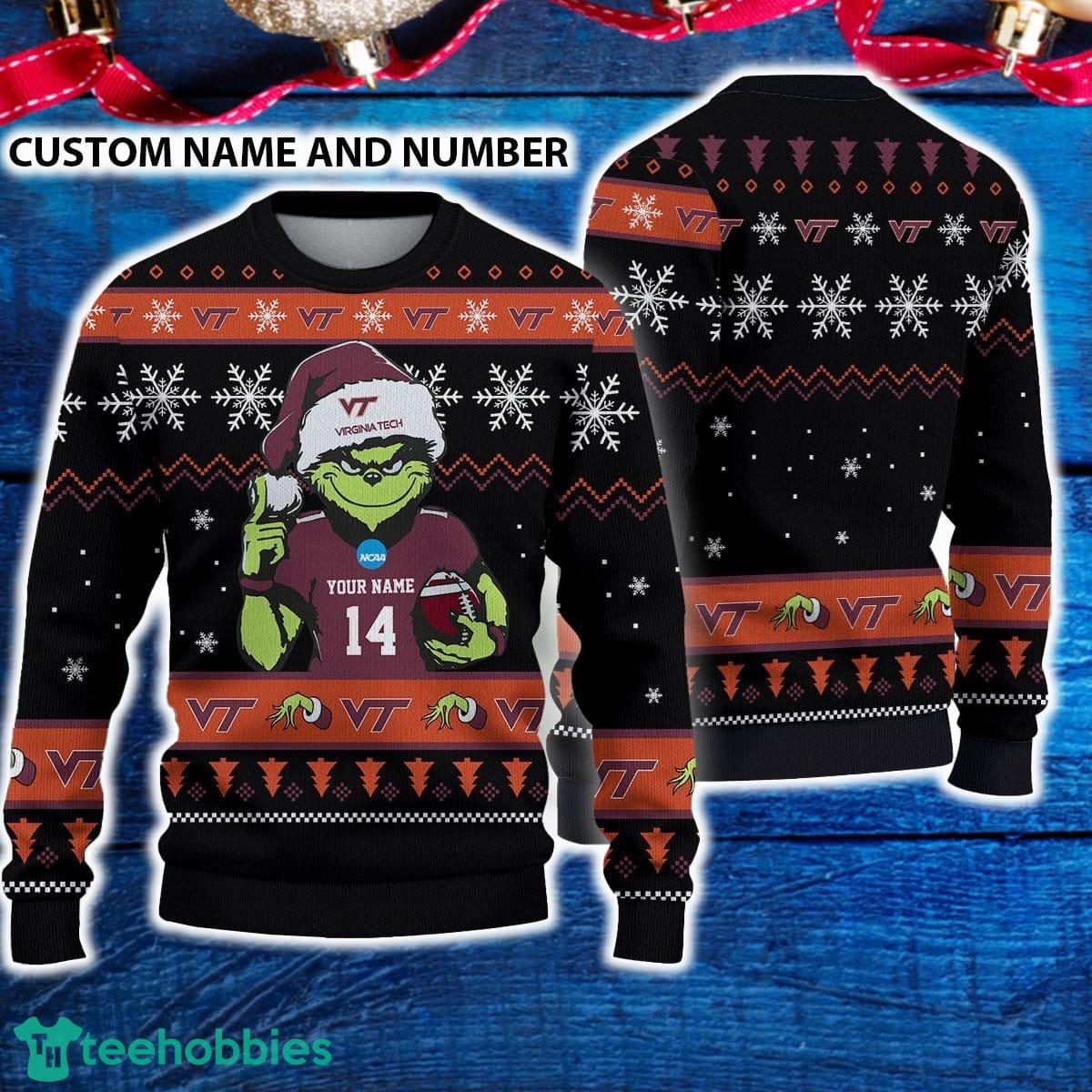 Virginia Tech Hokies 3D Ugly Christmas Sweater Grinch Funny Custom Number And Name