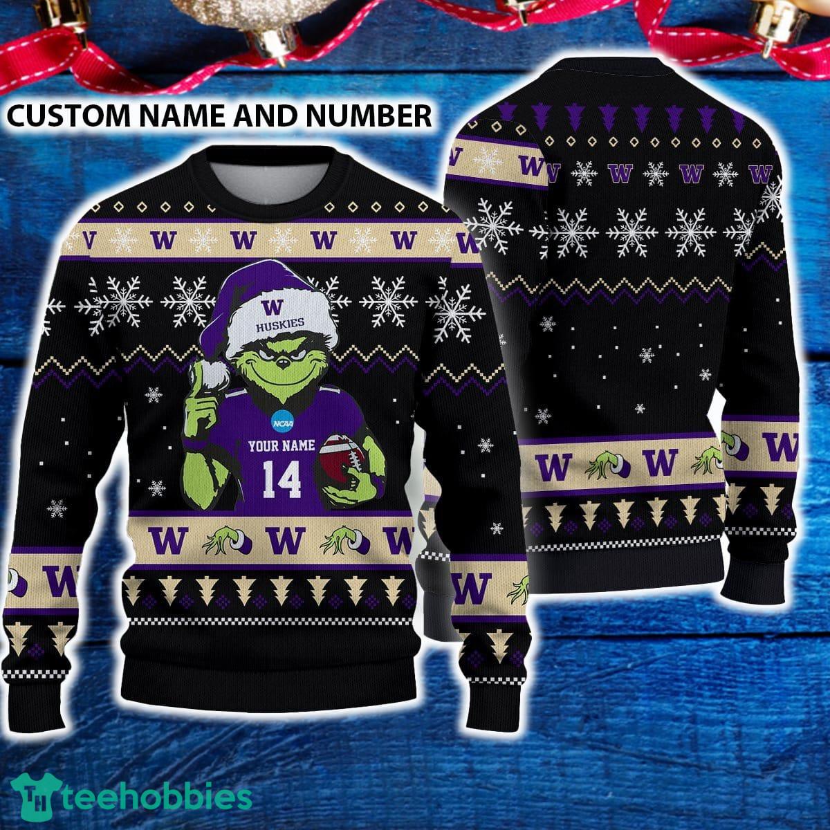 Washington Huskies 3D Ugly Christmas Sweater Grinch Funny Custom Number And Name