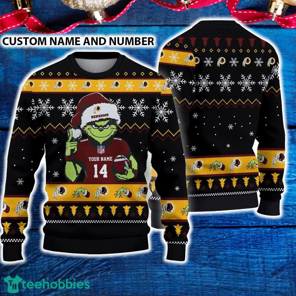 Washington Redskin 3D Ugly Christmas Sweater Grinch Funny Custom Number And Name