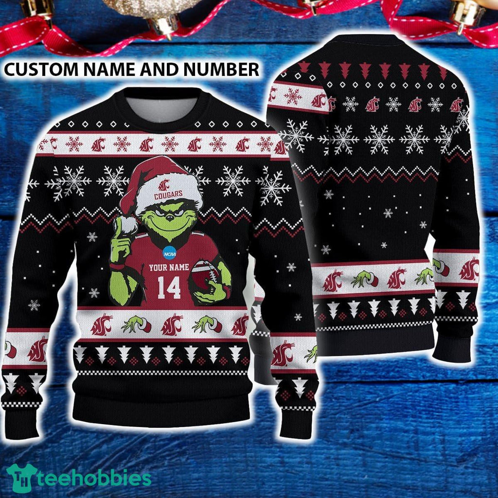 Washington State Cougars 3D Ugly Christmas Sweater Grinch Funny Custom Number And Name