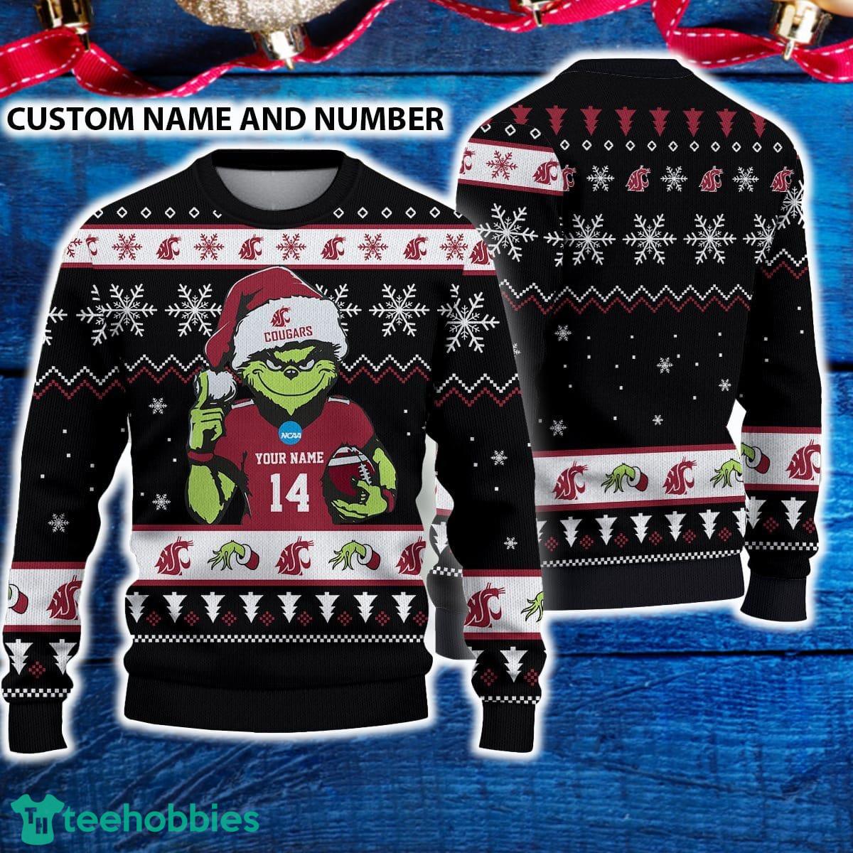 Washington State Cougars 3D Ugly Christmas Sweater Grinch Funny Custom Number And Name