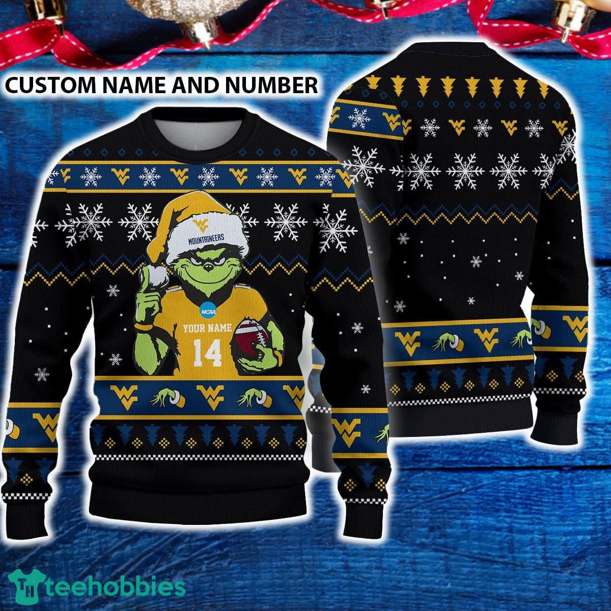 West Virginia Mountaineers 3D Ugly Christmas Sweater Grinch Funny Custom Number And Name