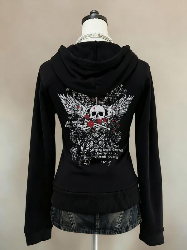 Women's Fall/winter Retro Style Zip Hoodie, Slim Fit Long Sleeve Punk Streetwear, Skull & Wings Print, Perfect Gift for...