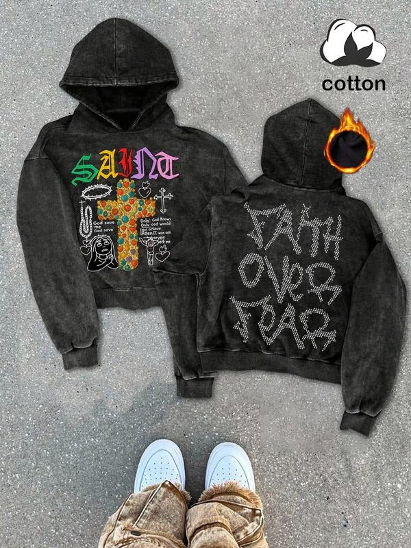 A must-have for back-to-school seasons, this FAITH OVER FEAR cotton men's street retro washed hooded sweatshirt is a...
