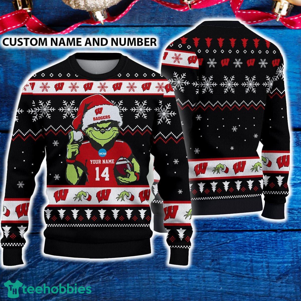 Wisconsin Badgers 3D Ugly Christmas Sweater Grinch Funny Custom Number And Name