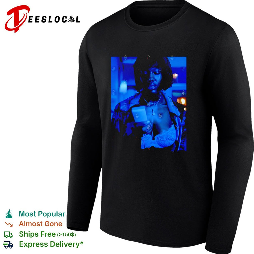 women looking at phone in blue light portrait shirt