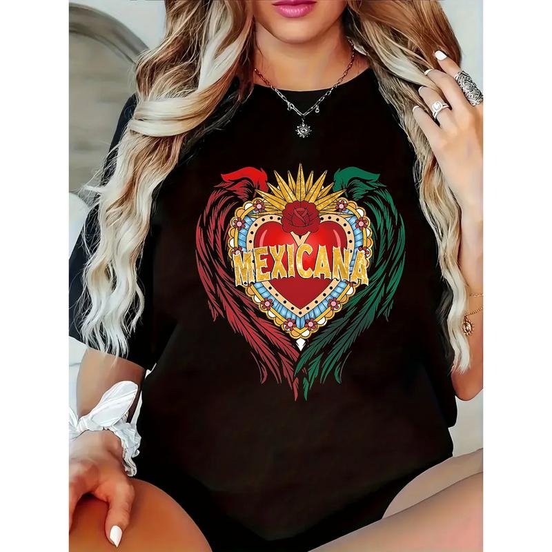 women's Mexican graphic T-shirt stylish casual top with heart design lightweight everyday party wear for Mexican themed...